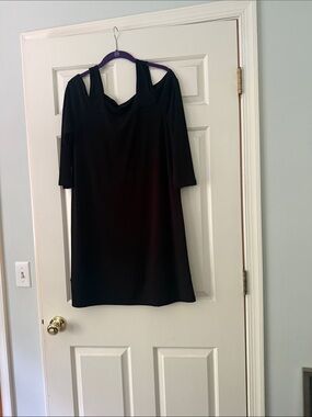 Clara Sun Woo Black Cold-Shoulder Cowl Neck Midi Dress